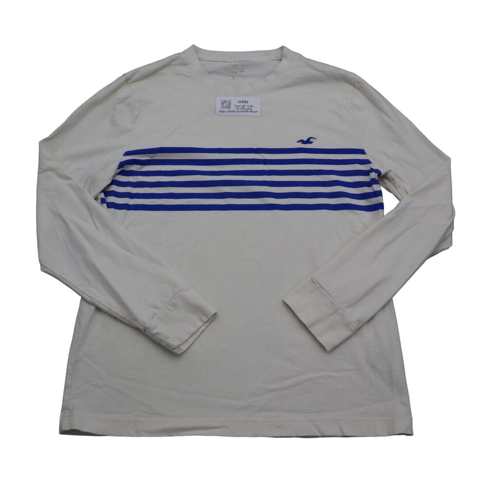 Hollister Shirt Mens S White Long Sleeve Round Neck Stripe Knit Cotton Tee